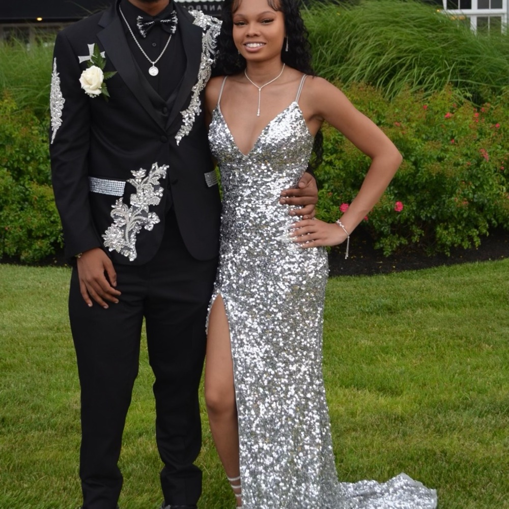 Silver Sequin Gown with Slit